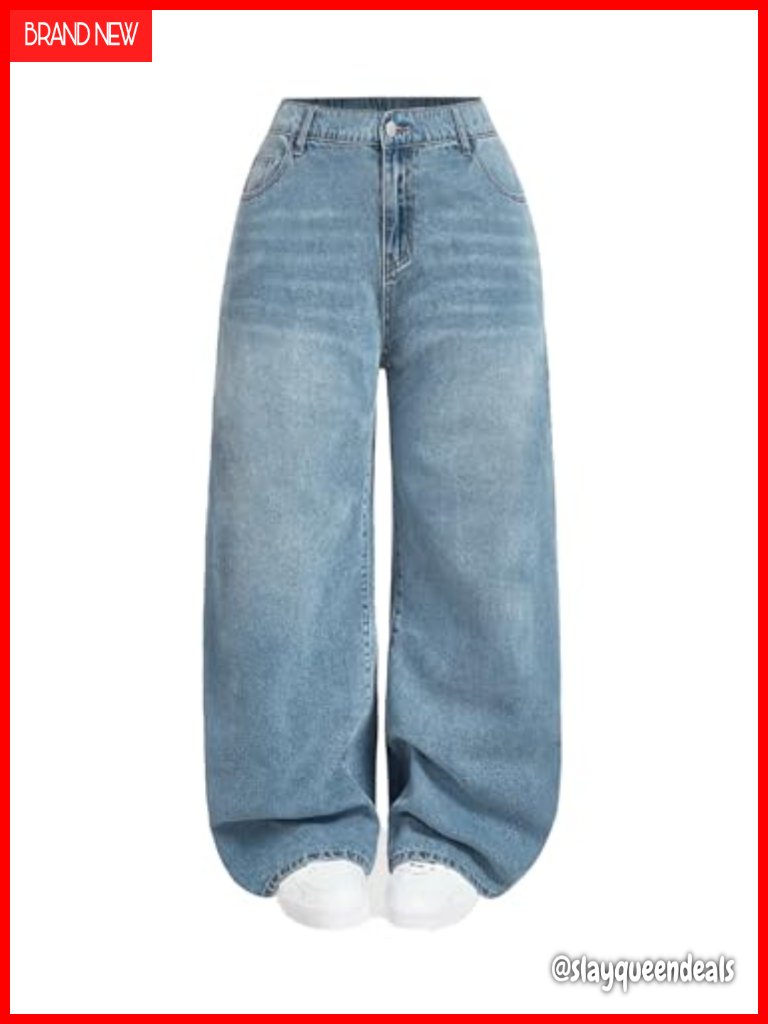 High Waist Wide Leg Jeans Elastic Waistband Baggy Fit Light Blue Denim